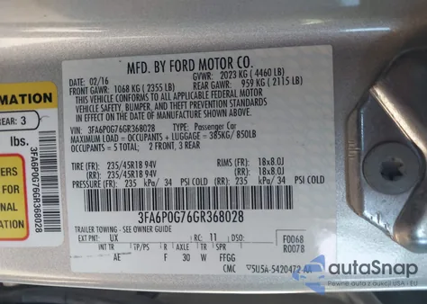 2016 Ford Fusion S z USA, uszkodzony, nr VIN 3FA6P0G76GR368028